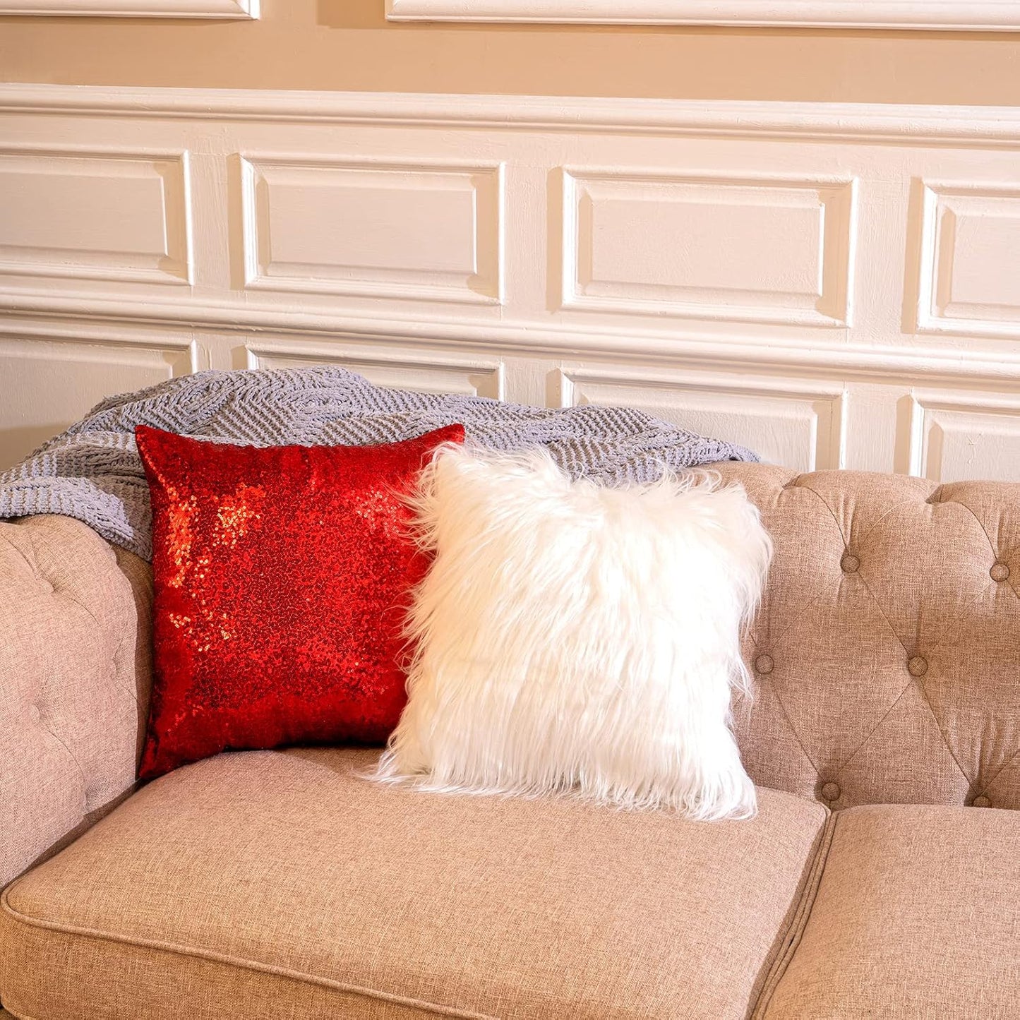 Irenare 4 Pcs Sequin and Fluffy Pillow Covers Winter Throw Pillow Cases Soft Cushion Cover for Couch Bed Sofa Xmas Day(18 x 18 Inch,Red, White)