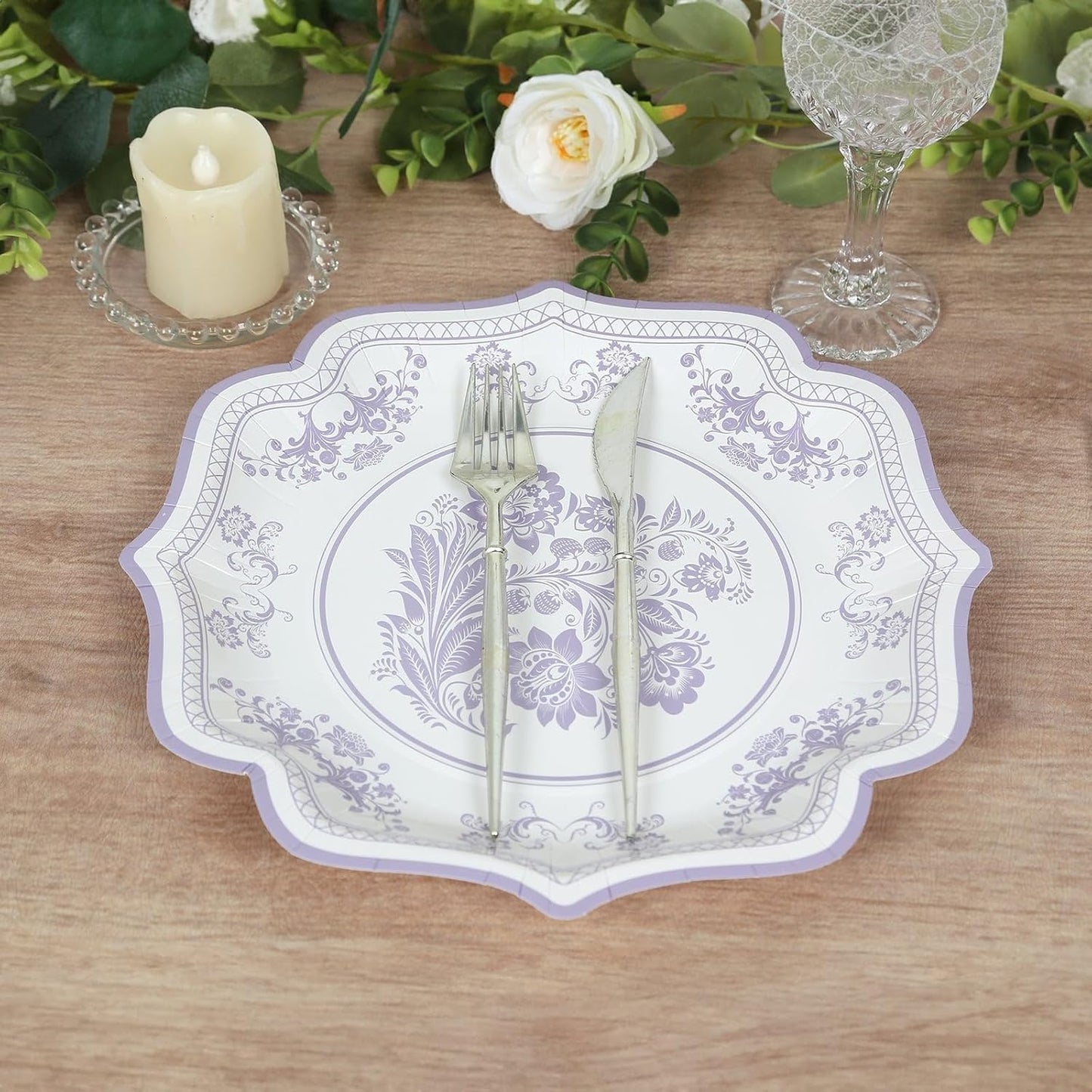 Efavormart 25 Pack White Lavender Lilac Paper Dinner Plates in Damask Floral Pattern, 10" Disposable Party Plates with Scalloped Rims - 300 GSM