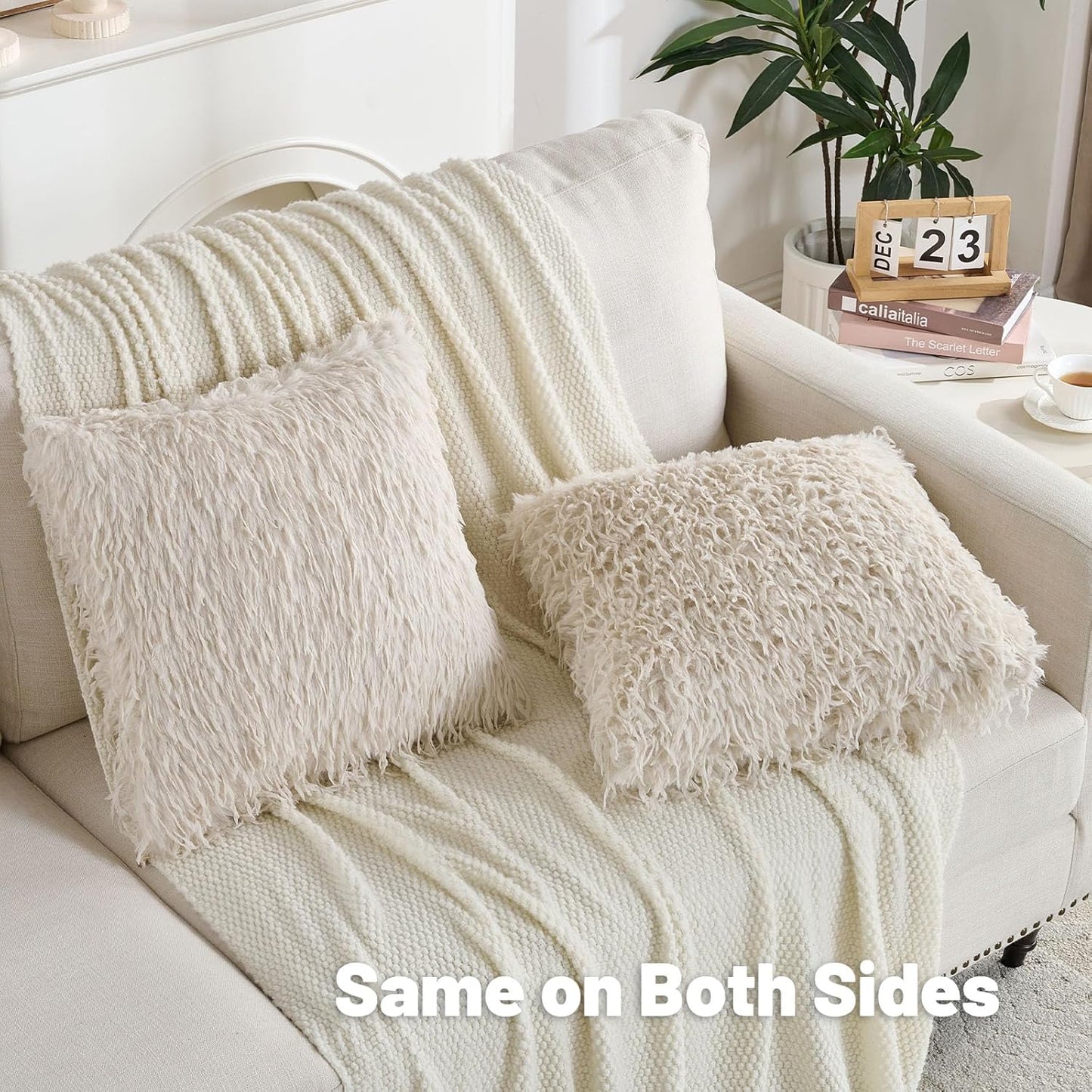 FUTEI Beige Decorative Throw Pillow Covers 24x24 Inch Set of 2,Soft Fluffy Faux Feather Texture European Cushion Cases,Modern Home Luxury Decor for Couch Bed Living Room