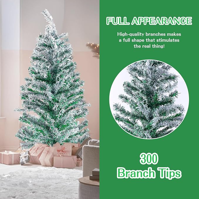 3FT Artificial Christmas Tree Green Tabletop Christmas Tree with Snow Flocked Mini Xmas Pine Tree with Plastic Stand for Indoor Outdoor Holiday Home Decoration