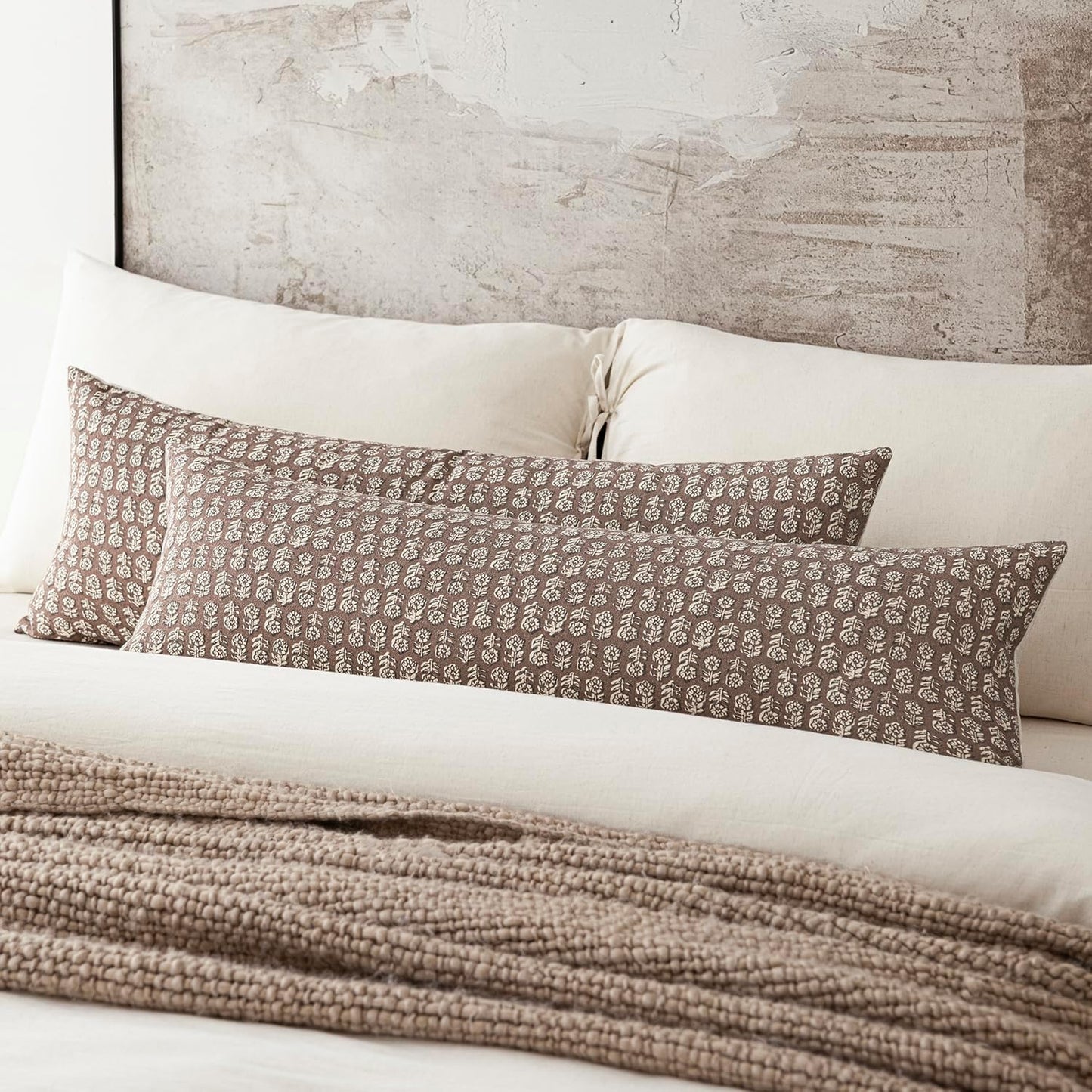 Foindtower Set of 2 Decorative Floral Long Body Lumbar Throw Pillow Covers Vintage Accent Farmhouse Cushion Covers Neutral Home Decor for Sofa Couch Chair Bedroom Living Room,14×36 Inch,Brown