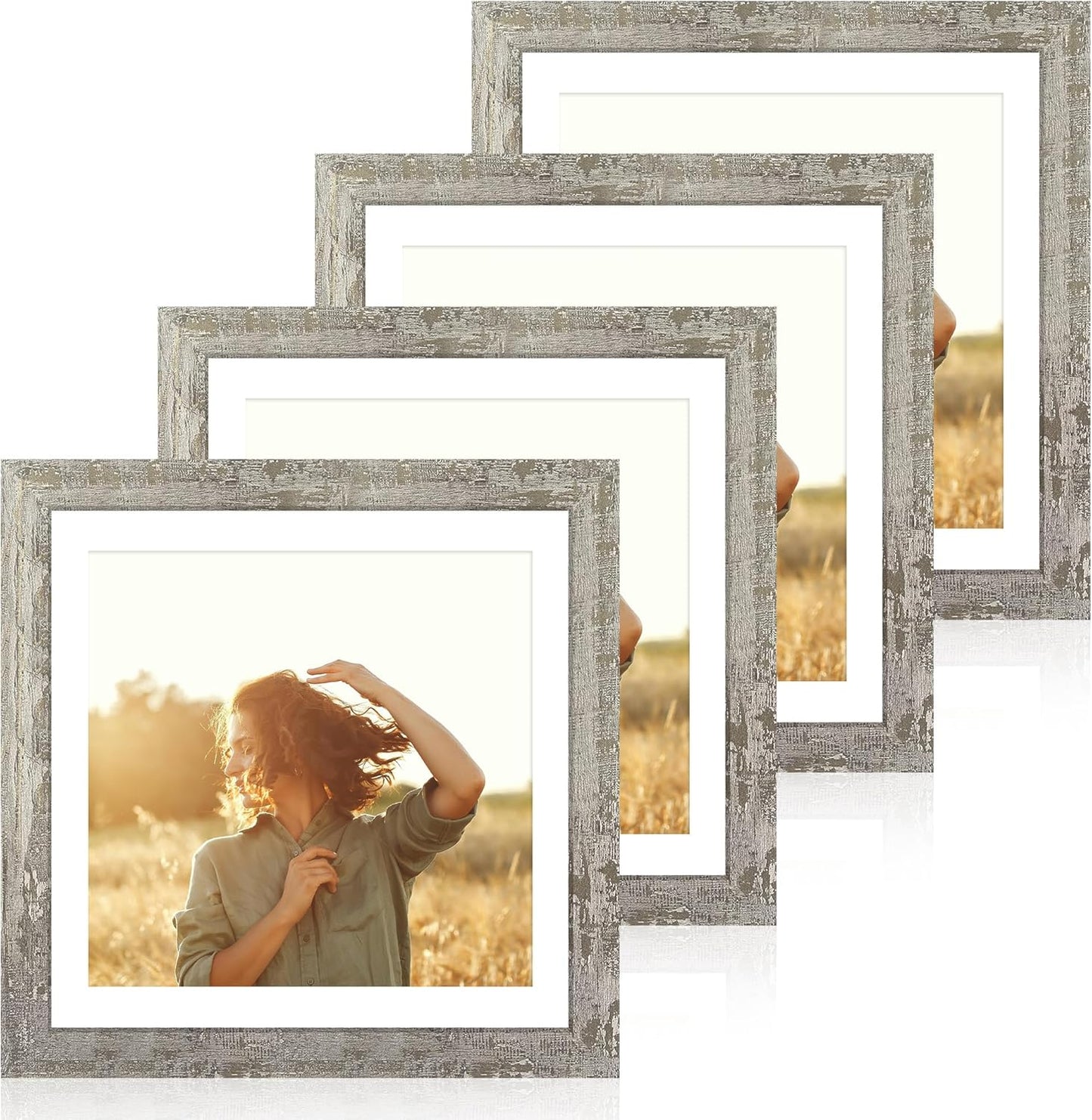 iRahmen 12x12 Picture Frame Set of 4 with Tempered Glass, Display 10x10 Picture with Mat or 12 x 12 Without Mat, Rustic Wood Square Photo Frame for Desktop Display and Wall Mounting