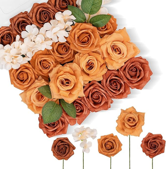 TINGE TIME Artificial Flowers Combo Set, Gradient Color Flower Leaf with Stems for DIY Wedding Bouquets Centerpieces Baby Shower Party Home Decorations(Orange and White)