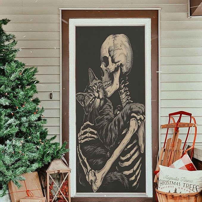 Halloween Door Cover Cat and Skeleton Skull Banner Decoration 79 * 35 inch for Front Doors Wall Party Decor