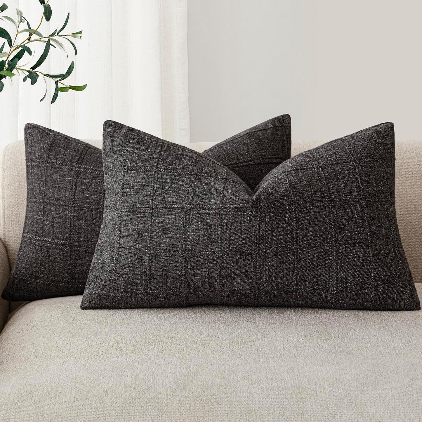 Foindtower Set of 2 Decorative Linen Check Throw Pillow Covers Neutral Farmhouse Lumbar Cushion Covers Modern Boho Home Decor for Sofa Chair Couch Bedroom Living Room,12×20 Inch,Charcoal