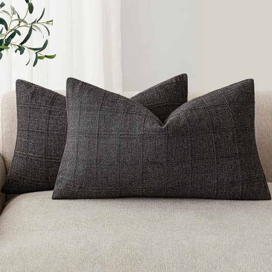 Foindtower Set of 2 Decorative Linen Check Throw Pillow Covers Neutral Farmhouse Lumbar Cushion Covers Modern Boho Home Decor for Sofa Chair Couch Bedroom Living Room,12×20 Inch,Charcoal