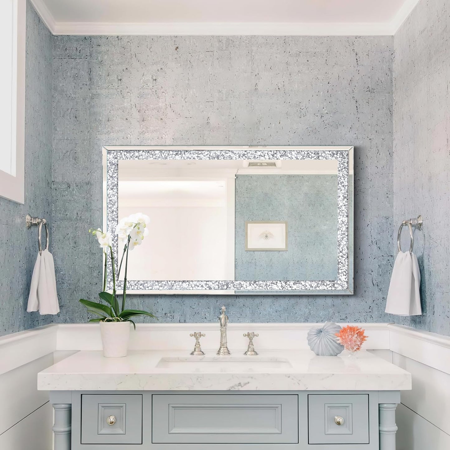 Crystal Crush Diamond Mirror-46.5"x31" Silver Mirror, Gorgeous Wall Mirror, Rectangle Mirrors for Wall Bathroom, Bedroom, Dining Room and Living Room