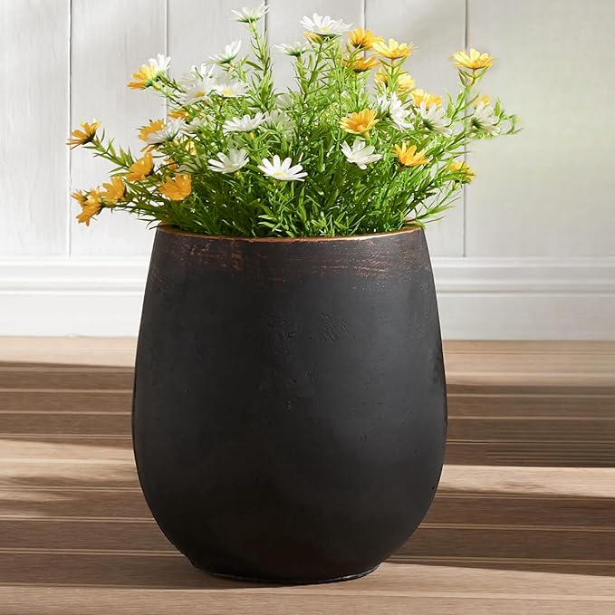 Wallowa 15.5" H Outdoor Concrete Planter, Round Flower Pot with Drainage Hole and Silicone Plug, Plant Container for Garden, Patio, Home, Office, Black, Copper Rim, 1 Pack