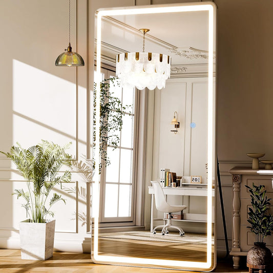 GLSLAND LED Full Length Mirror 71x32 inch Oversized Body Mirrors with Lights Wall Mounted Hanging Floor Standing Mirror for Bedroom, Living Room, Cloakroom, White