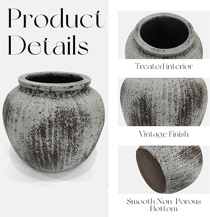 Oakrain Large Rustic Minimalist Vase, 11" Distressed Round Floor Vase for Home Decor, Farmhouse Centerpieces Planters for Living Room Indoor Outdoor Use, Gray