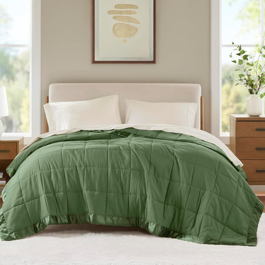 Madison Park Twin Blanket Quilted Microfiber, Satin Binding, 3M Scotchgard Moisture Wicking Treatment, Soft and Lightweight Summer Blanket for Couch, Windom, Twin, Green