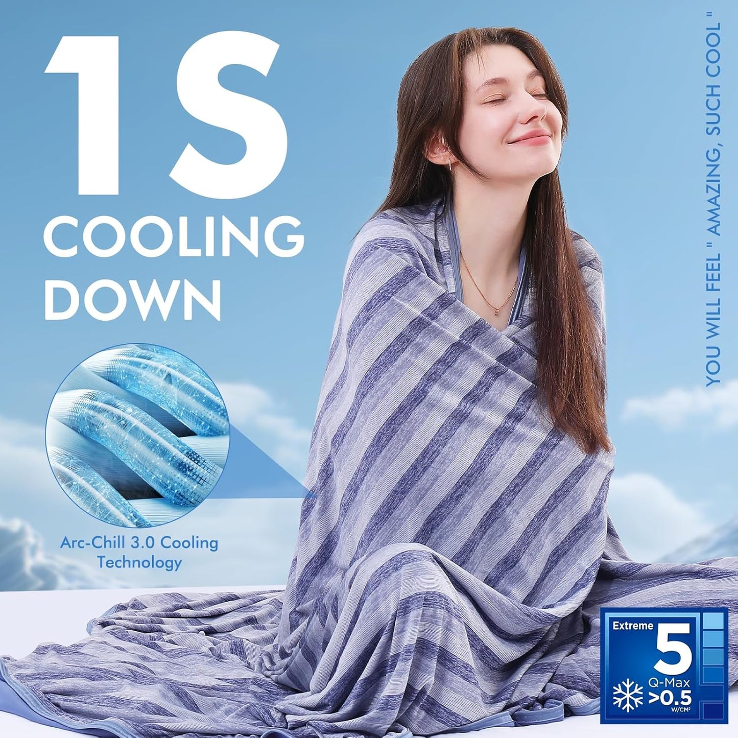 Marchpower Cooling Blanket for Hot Sleepers for Kids, Double Sided Arc-Chill Cooling Fabric Q-Max>0.5, Cooling Blanekt for Hot Flashes and Night Sweats, Cool Blanekt Cold Blanket for Summer Blue