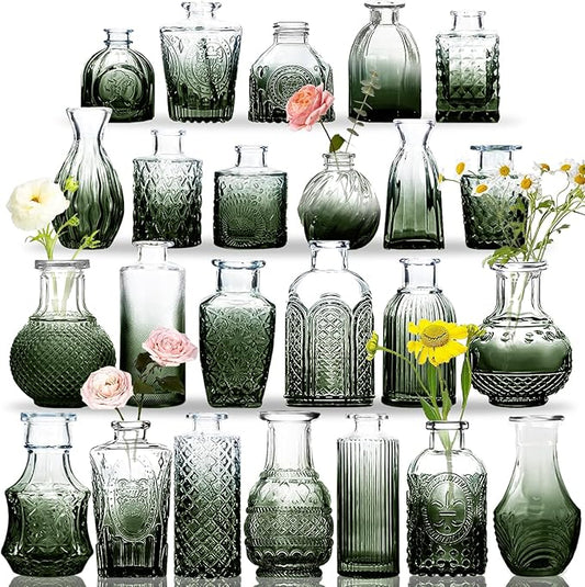 Glass Bud Vases Set, 24 Pcs Gradual Green Glass Vases in Bulk, Vintage Clear Small Set for Centerpieces, Green Rose Mini Design for Flowers Rustic Wedding Decorations Table Home Decor