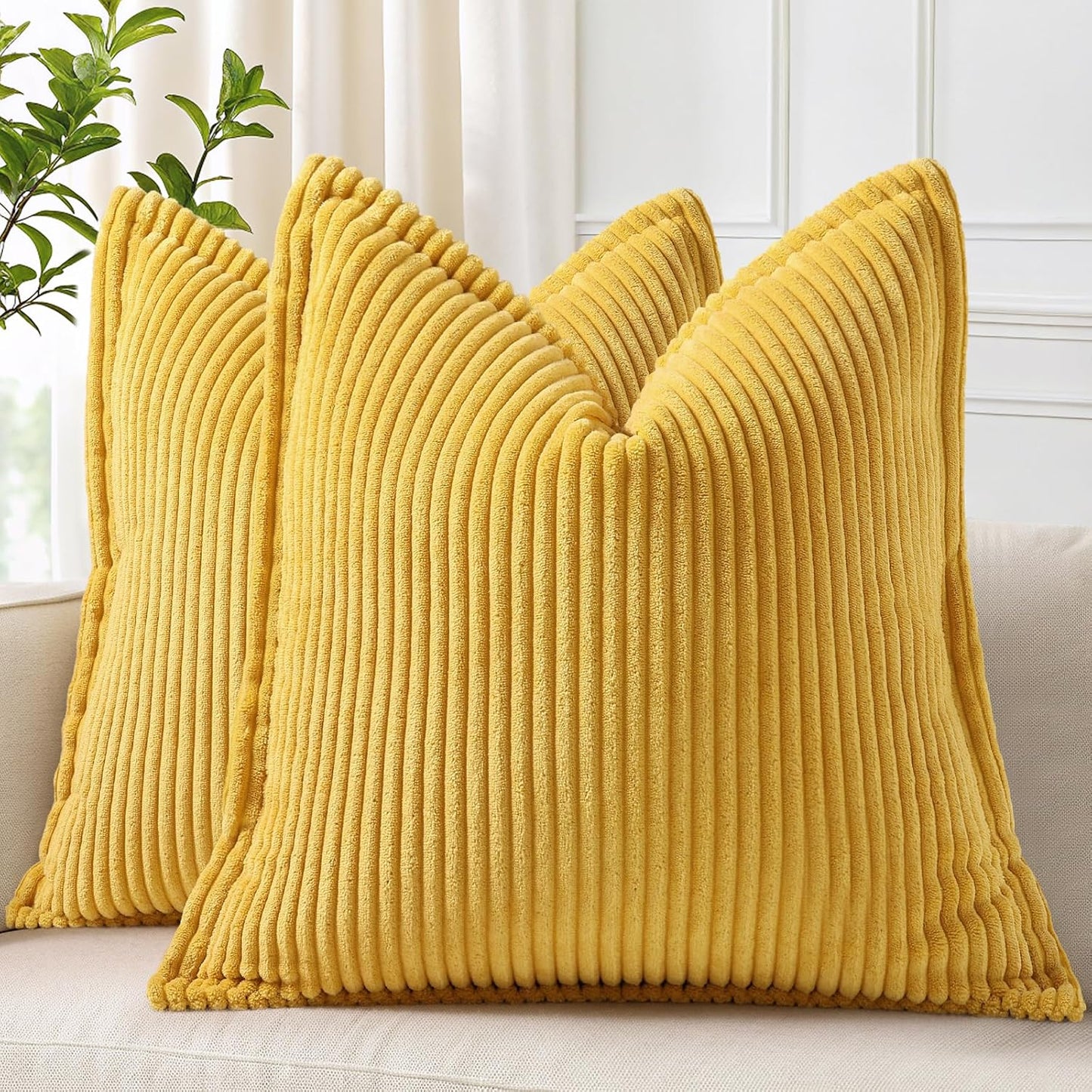 decorUhome Corduroy Mustard Yellow Throw Pillow Covers 26x26 Set of 2 Decorative Soft Boho Farmhouse Euro Couch Pillow Covers for Living Room Bed Sofa Broadside Striped Pillow Cases