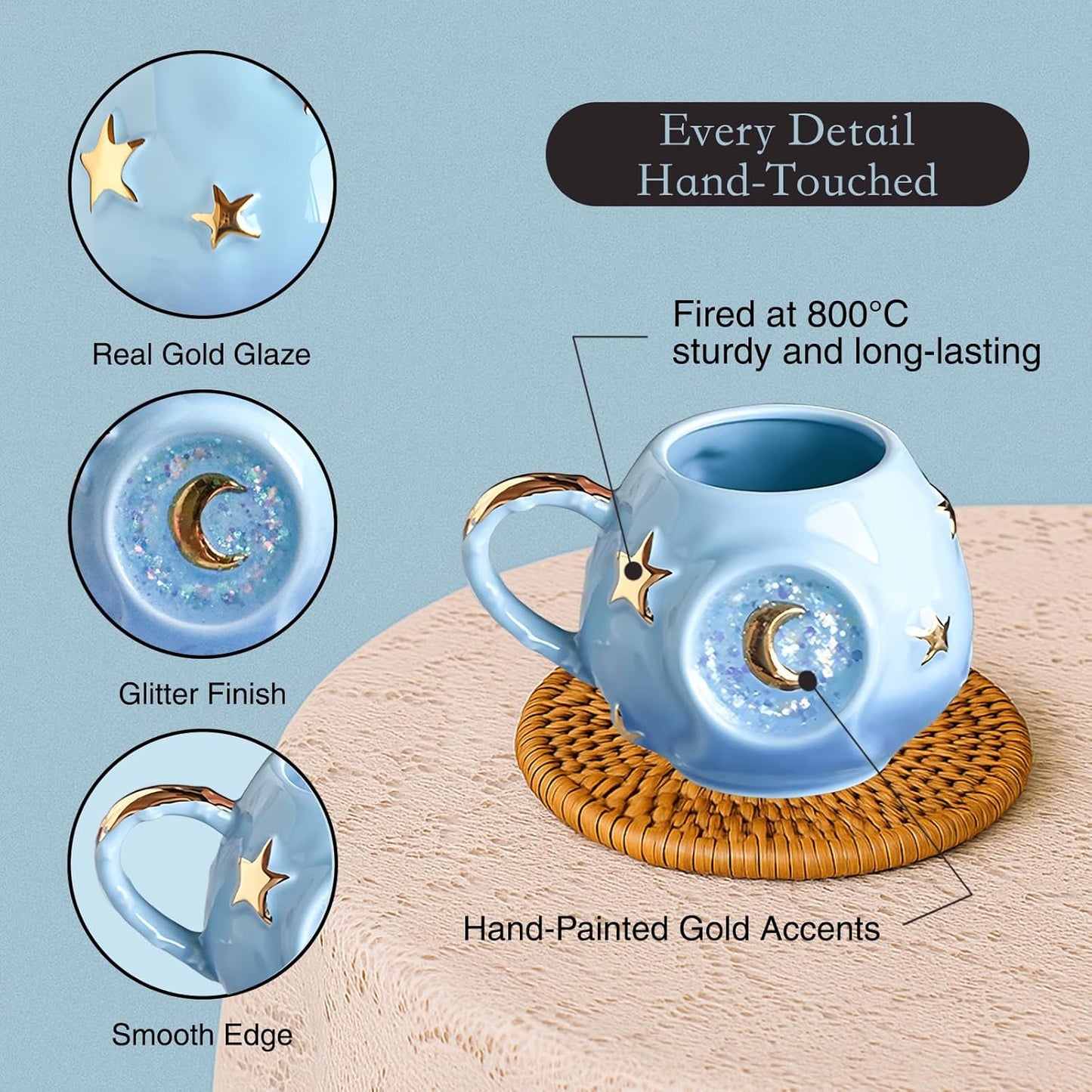 Handmade Coffee Cup 400ML with Fancy Tarot Star/Moon Design, Fashion Starry Sky Ice Coffee Cup, Gradient Pink Pottery Tea Cup for Home/Office (blue)