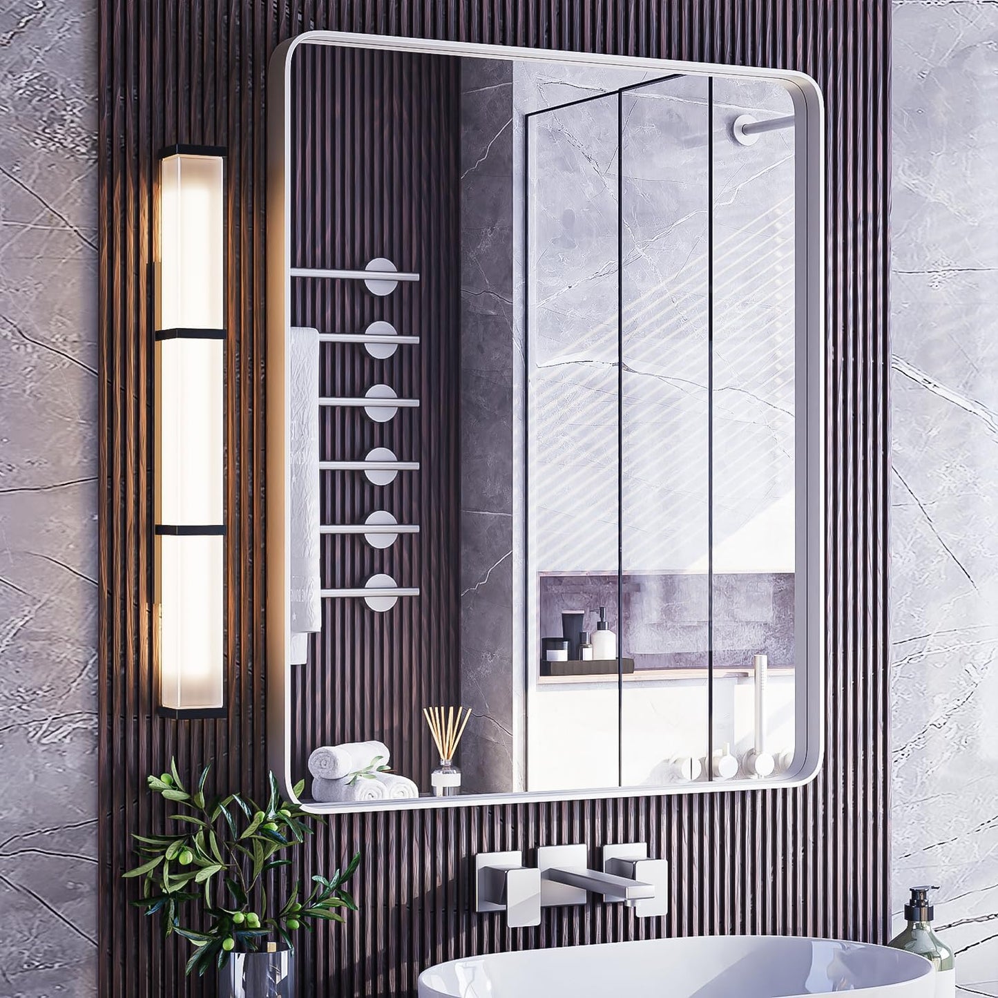 ISKM Silver Bathroom Mirror, 36 x 28 Inch Metal Rounded Rectangular Wall Mounted Mirror for Modern Minimalist Farmhouse Home Decor Hangs Horizontal Or Vertical