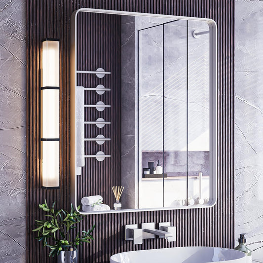 ISKM Silver Bathroom Mirror, 36 x 28 Inch Metal Rounded Rectangular Wall Mounted Mirror for Modern Minimalist Farmhouse Home Decor Hangs Horizontal Or Vertical
