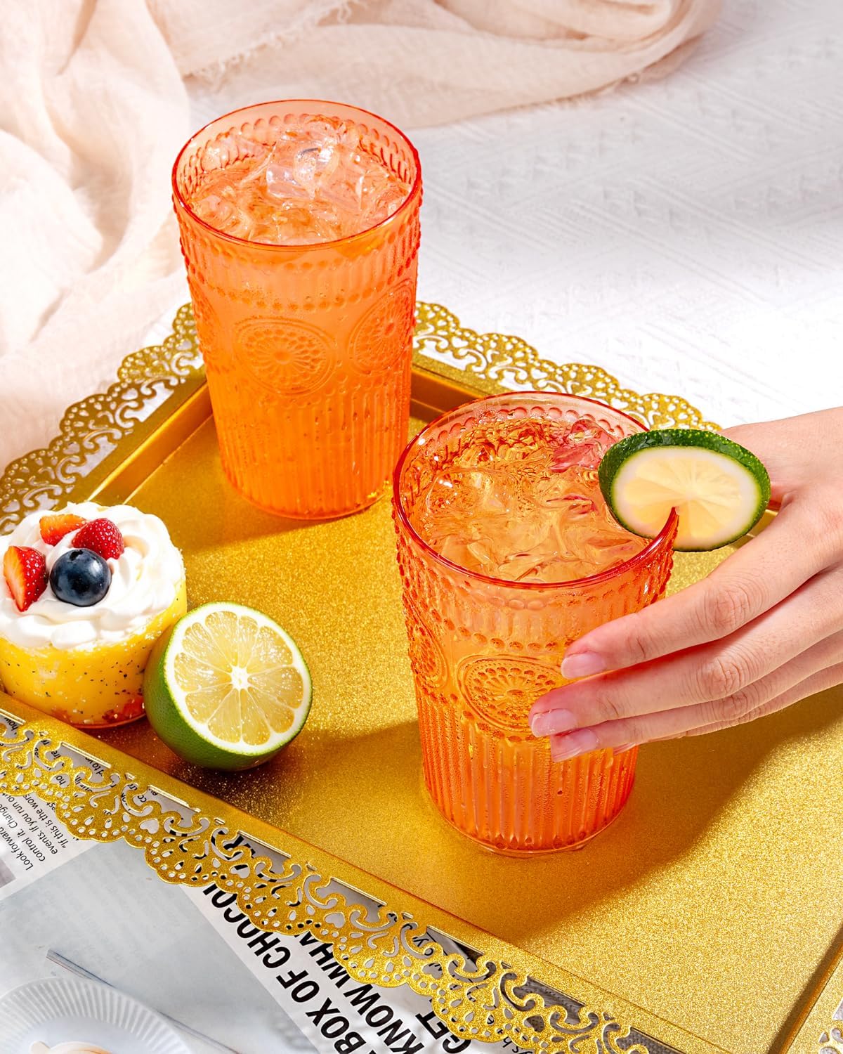 Ciaell 12 Pack Romantic Plastic Water Glasses - 14 Oz Amber Vintage Drinking Glasses, Embossed Ribbed Plastic Cups, Textured Striped Set for Juice, Beverages, Beer, Cocktai & Thanksgiving