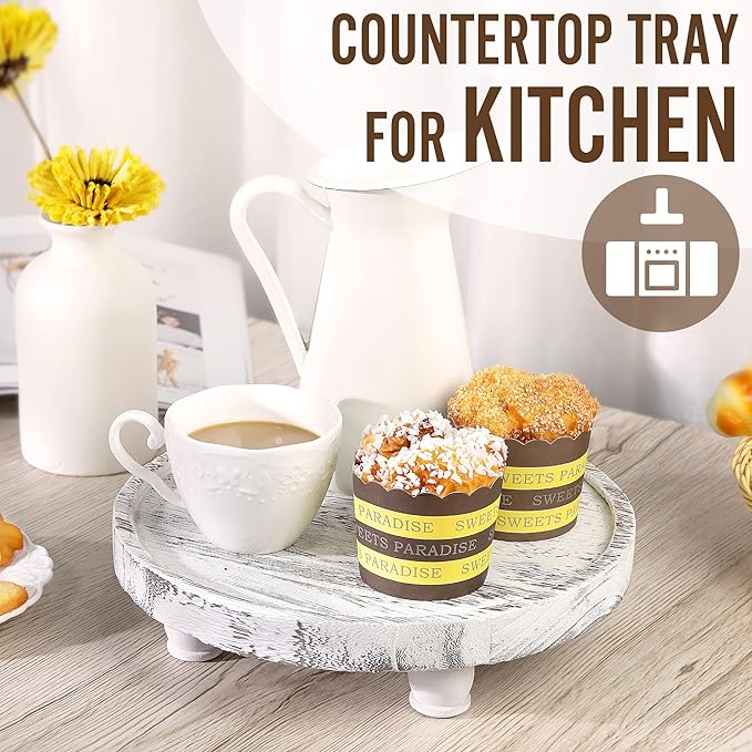 Tikea Farmhouse Wood Display Riser, 10 in. Farmhouse Pedestal Stand for Kitchen Bathroom Counter Decor, Round Display Tray for Soap Dispenser and Plant (White)