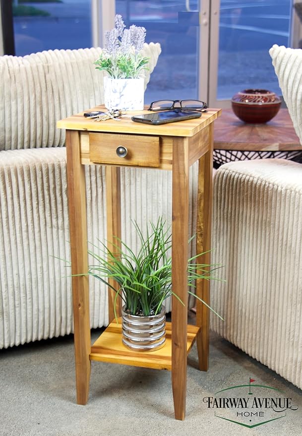 2-Tier Solid Acacia Plant Stand w/Drawer