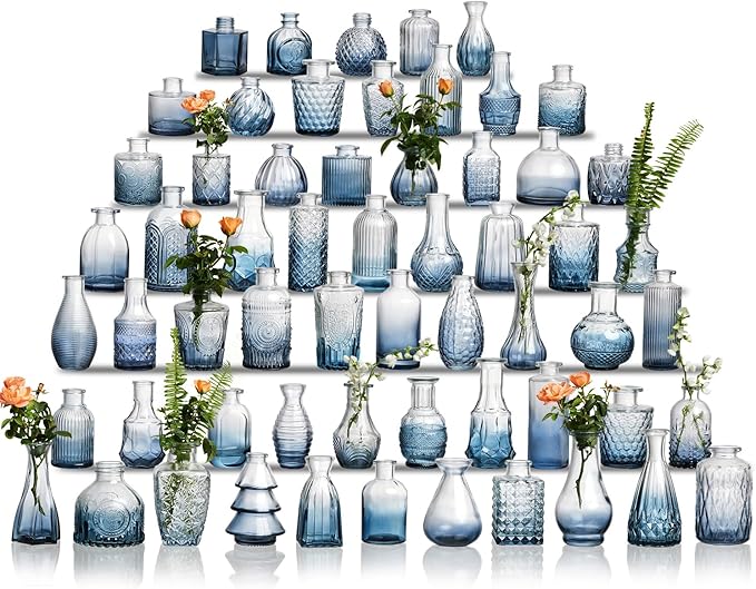 Glass Bud Vase Set of 60 - Small Vases for Flowers in Bulk - Assorted Vintage Crystal Vases for Flowers, Table Centerpieces (Blue, 60 Pcs)