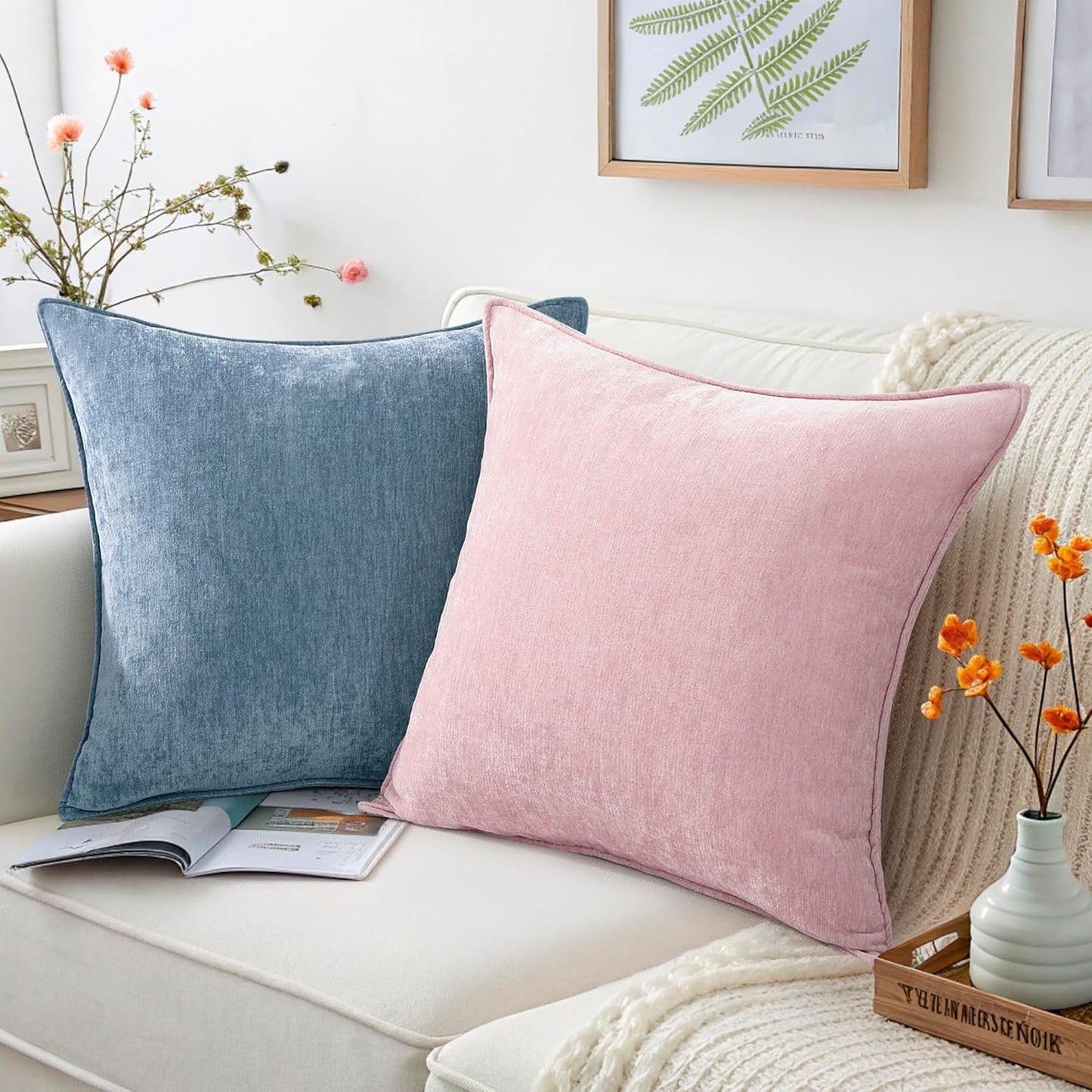 decorUhome Couch Throw Pillow Covers 26x26 Set of 2, Decorative Soft Euro Neutral Chenille Pillow Covers with Elegant Design for Sofa Bed Living Room Home Decor, Blue