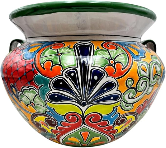 Talavera Michoacana Planter XL Pot Folk Art Multicolor Mexican Pottery Home Decor Hand Painted Garden Indoor Handmade Outdoor 18.5" (Multicolor)