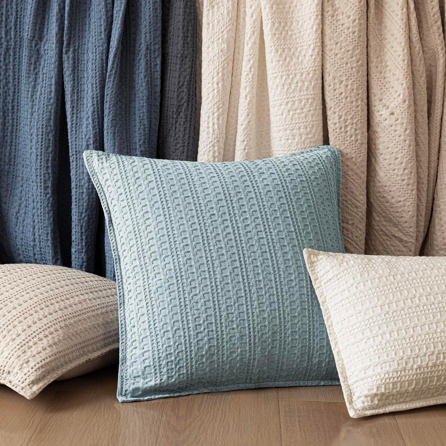 Foindtower Set of 2 Decorative Cotton Waffle Weave Throw Pillow Covers Euro Shams Cushion Covers Accent European Pillowcase for Bed Couch Sofa Bedroom Living Room Home Decor 24×24 Inch Light Blue