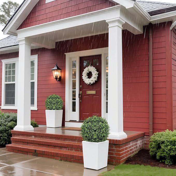 26 Inch Artificial Topiary Boxwood Ball Trees Outdoor – Set of 2 UV Resistant Faux Boxwood Topiary, Fake Potted Shrubs Evergreen for Front Door Porch Patio Balcony Home Decoration