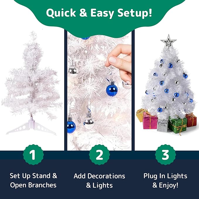 23-Inch Mini White Christmas Tree with Warm-White LED Lights - Small Xmas Decor with Lights and Star Treetop - DIY Tabletop Little Christmas Tree, Decorated Gift Boxes and Hanging Ornaments