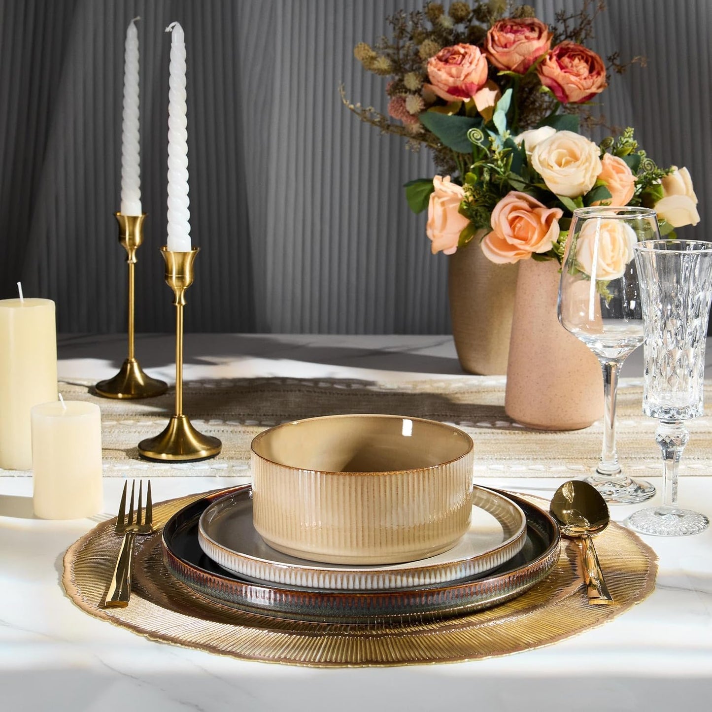 E-far 12-Piece Plates and Bowls Sets, Stoneware Dinnerware Dishes Sets for 4, Kitchen Modern Dining Dishware, Chip & Scratch Resistant, Microwave & Dishwasher Safe, Multicolor