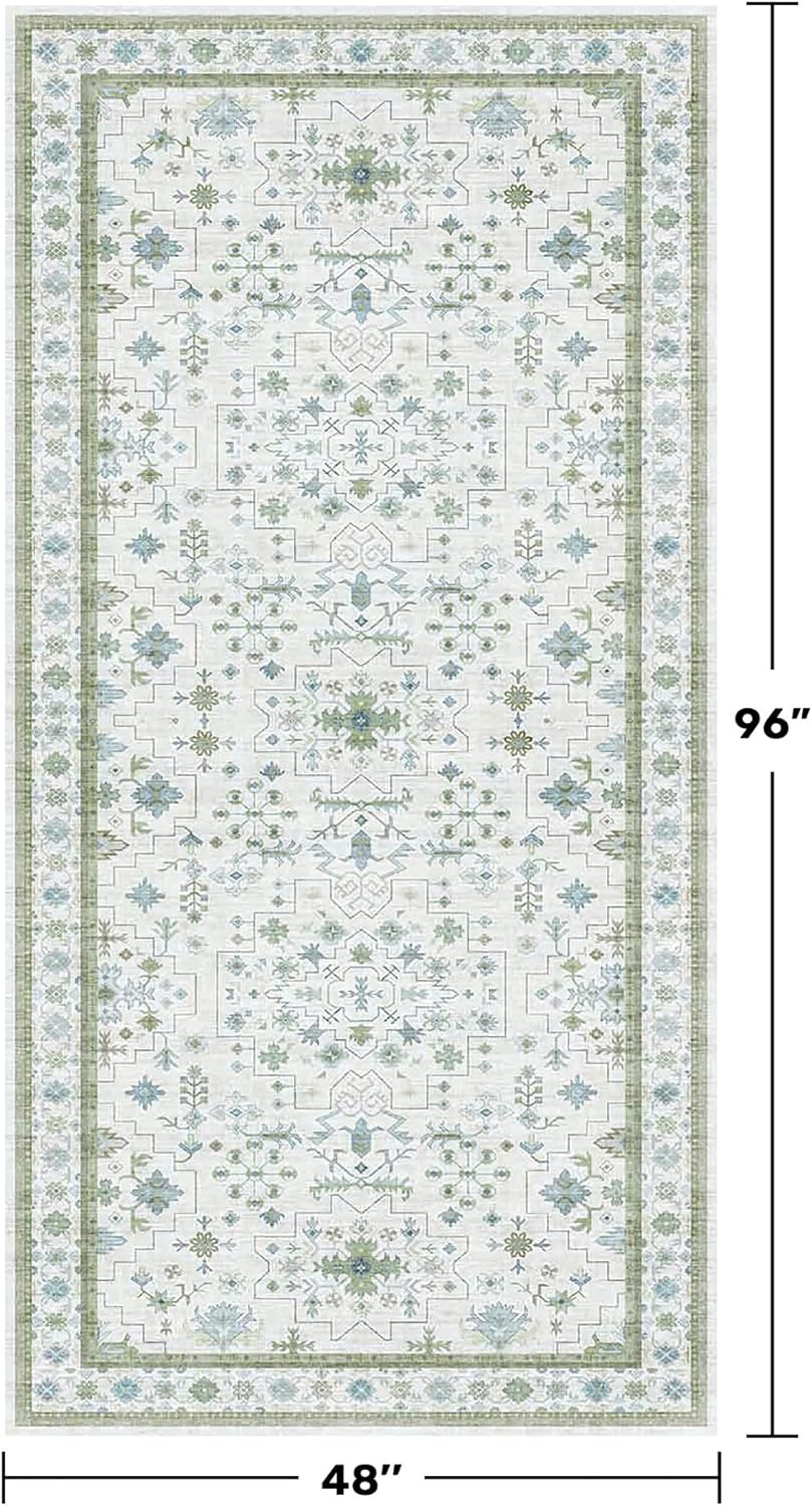 Blue and Green Washable Rugs for Living Room - 4x8 Vintage Boho Floral Pastel Cream, Washable Low Pile Non Slip Area Rug for Bedroom Beside Bed, Door Mat Indoor Entrance, Kitchen, Decor