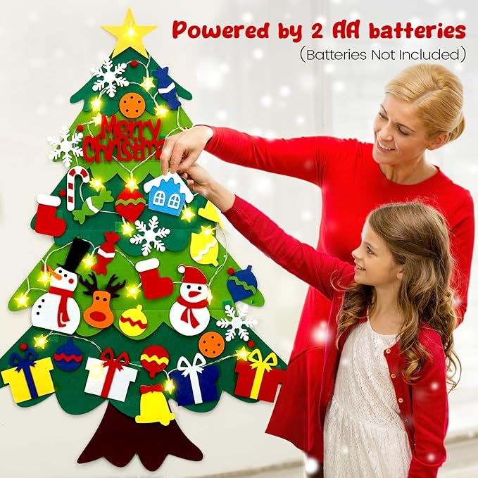3.2 Ft Felt Christmas Tree for Toddlers with 32 Detachable Ornaments and String Lights, Xmas Gifts, Door Wall Hanging Decorations Indoor