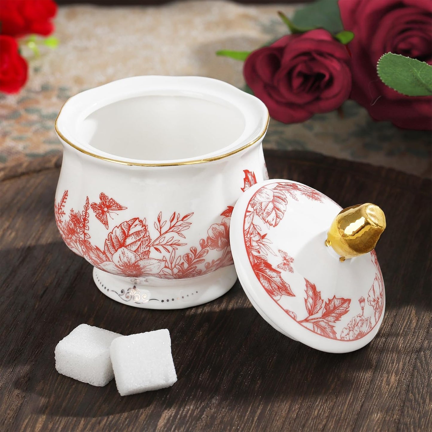 fanquare Vintage Porcelain Tea Set with Holder, 22 Piece Red Floral New Bone China Tea Coffee Gift Sets for Wedding Birthday, 6 Tea Cup and Saucers for Women Tea Party