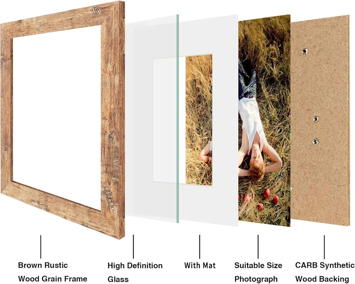 iRahmen 8x10 Picture Frame Set of 2, High Definition Real Glass Rustic Brown Wood Frame, Display Pictures 5x7 with Mat or 8 x 10 Without Mat for Tabletop or Wall Mounting