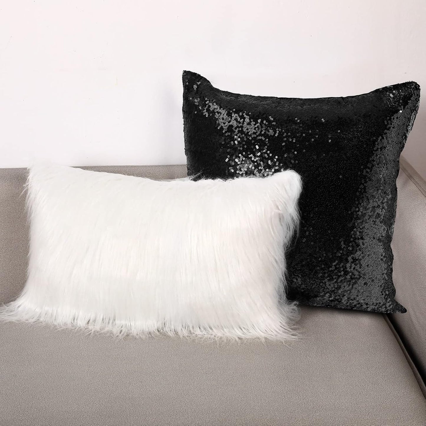 Irenare 4 Pcs Sequin and Fluffy Pillow Covers Winter Throw Pillow Cases Soft Cushion Cover for Couch Bed Sofa Xmas Day(18 x 18 Inch, 12 x 20 Inch,White, Black)