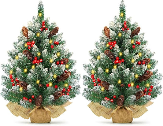 [2 Pack & Timer] 24 Inch Realistic Snowy Tabletop Christmas Tree Small Christmas Tree with 50 Warm Lights Battery Operated Red Berries Pine Cone Burlap Base Indoor Home Table Christmas Decorations