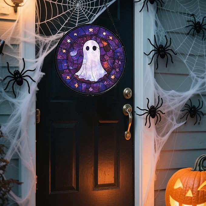Stained Glass Window Hanging - Halloween White Star Ghost Purple Starry Sky Suncatcher for Doors Garden Indoor Spooky Sun Catchers Gothic Decor Horror Gifts for Women Men Friend 6.3 in