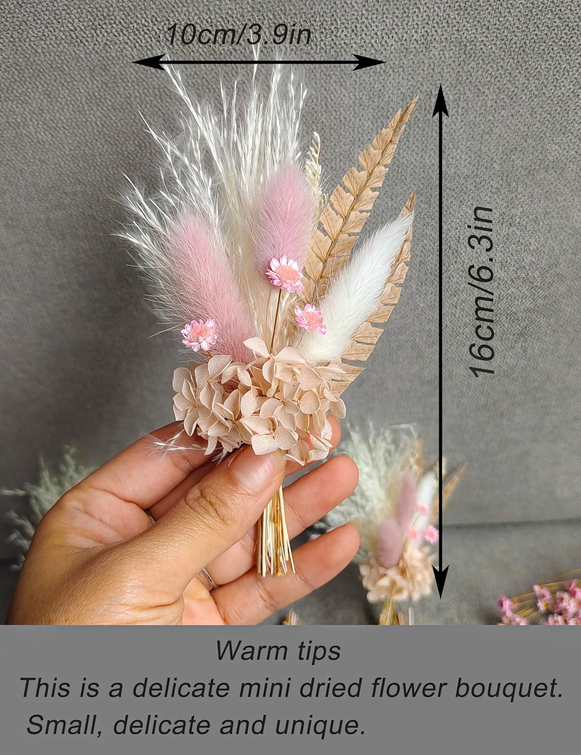 Miniature Dried Flower Bouquet (Pack of 6), Small Dried Pampas Grass, Small Dried Flowers for Crafts, Birthday Cake Bridesmaid Gift Box, Card Envelope Decoration. (Dusty Pink)