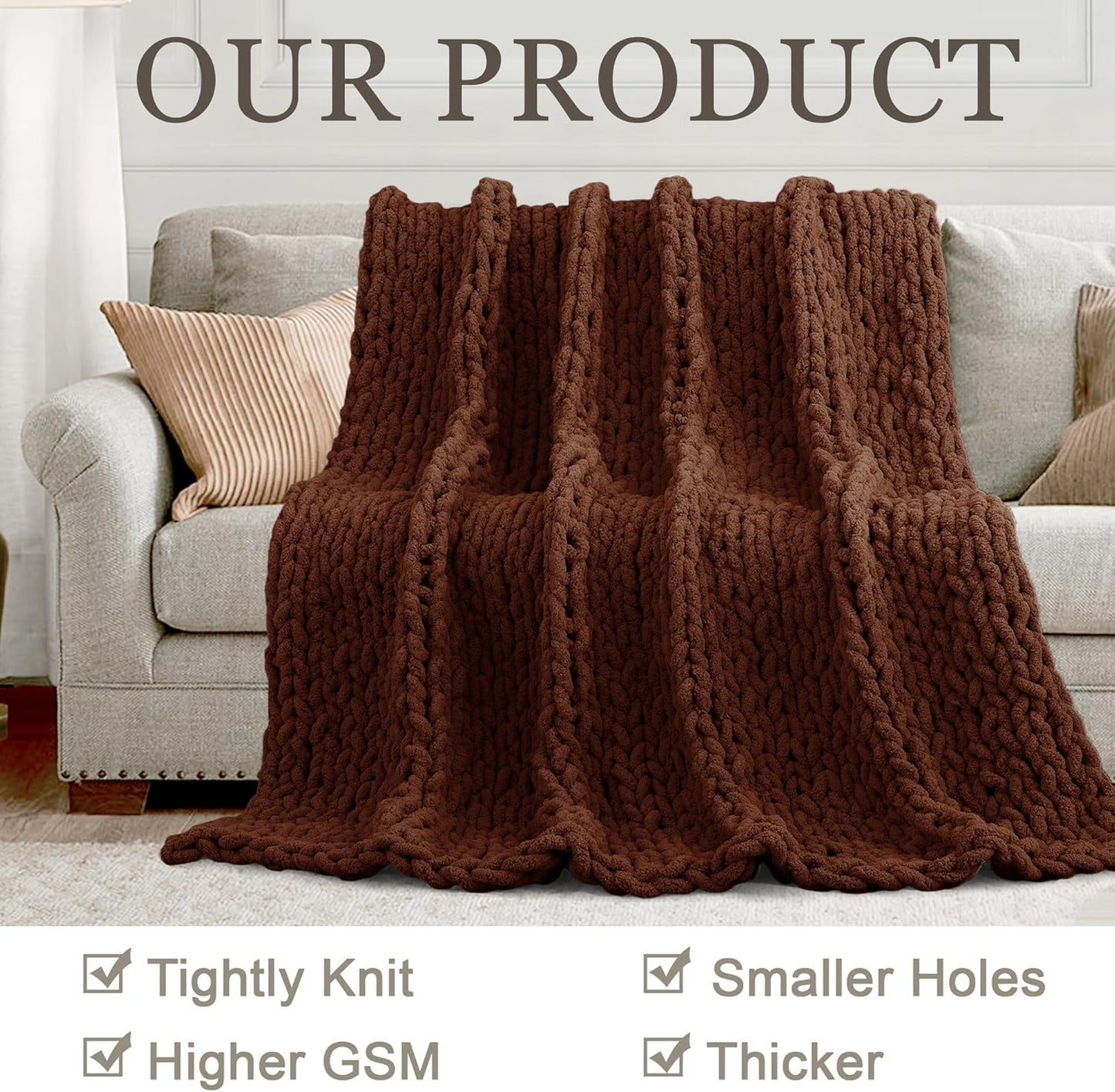 Chunky Knit Throw Blanket 60"X 80", 100% Handmade with Soft Chenille Yarn, 6.7lbs Thick Cable Knitted Blankets, Large Rope Knot Crochet Throws for Couch Sofa Bed Home Decor, Dark Brown