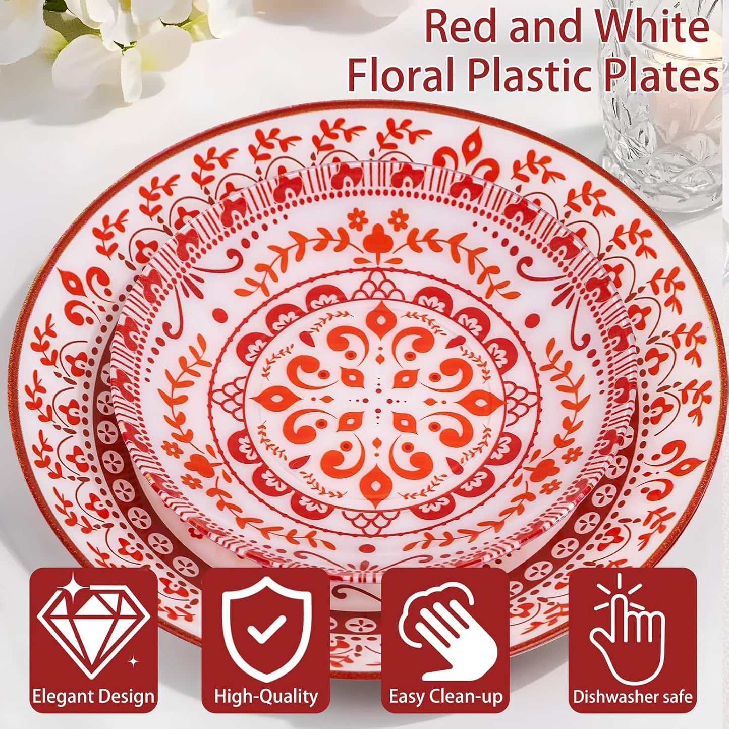 Hioasis 60pcs Red Plastic Plates Set - Floral Red & White Porcelain Design, 10.25" Dinner & 7.5" Dessert Plates Disposable for Wedding/Party (Dishwasher Safe, Traditional Style)