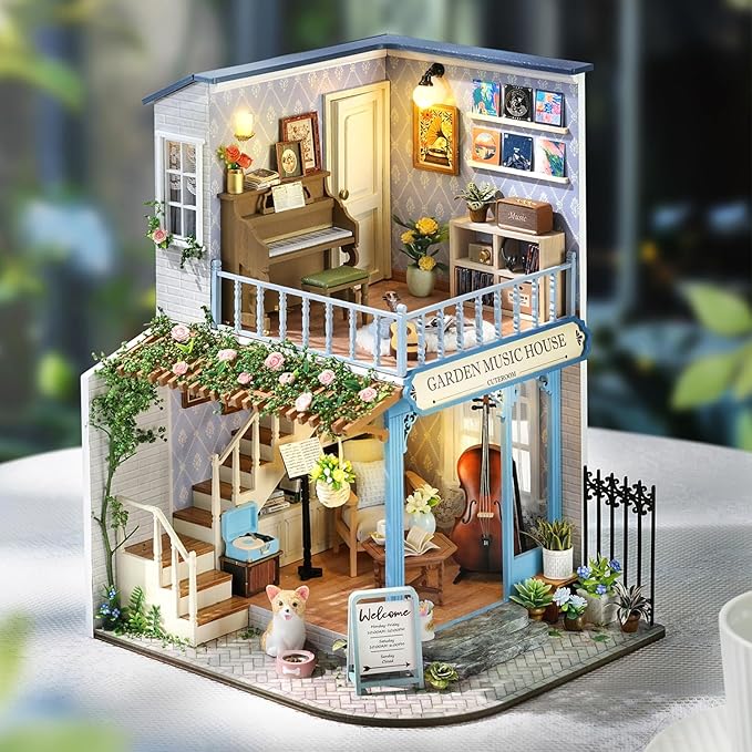 TuKIIE DIY Miniature House Kit with Furniture, 1:24 Scale Creative Room Wooden Mini Dollhouse Plus Dust Proof & Music Movement for Kids Teens Adults(Symphony of Bliss)