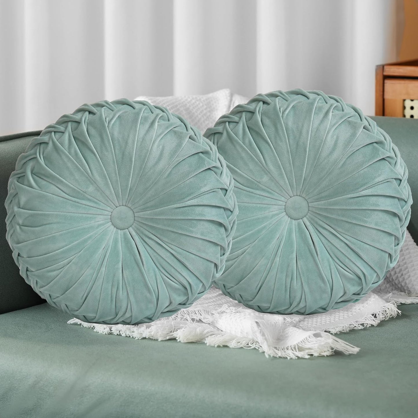 HIG Set of 2 Aqua Ruched Velvet Round Throw Pillows – 14.5’’ Decorative Pillows with Soft Polyester Filling for Couch, Bed, Living Room, Bedroom, or Dorm – Handmade, Stress Relieving, All-Season