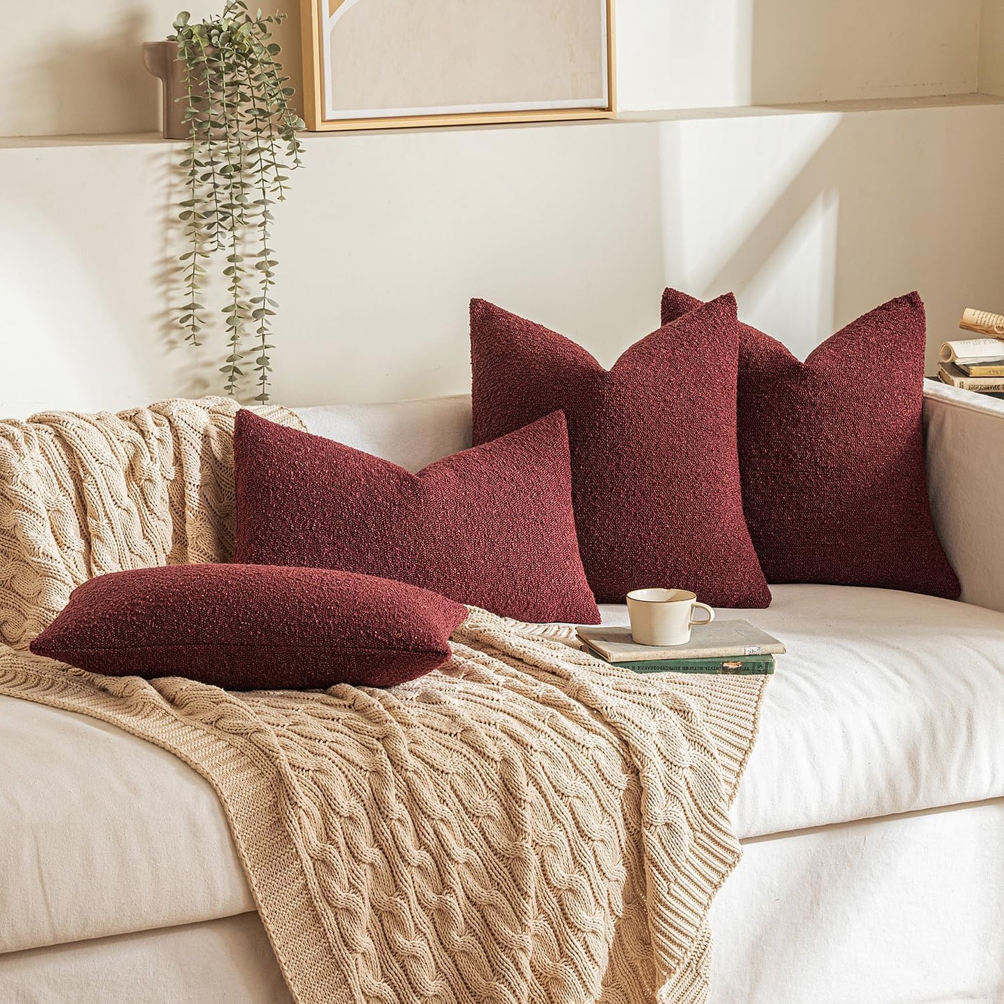 MIULEE 18x18 Inch Christmas Decorative Pillow Covers for Couch Bed Set of 2 Textured Boucle Neutral Winter Throw Pillows Burgundy Accent Solid Cushion Pillowcases Sofa Livingroom Home Decor