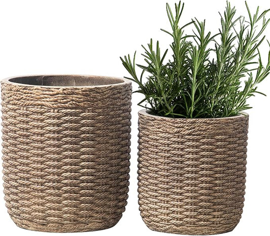 Yundu Concrete Planter Set of 2, The planters for Outdoor Plants, 14.5 & 12 inch pots for Plants,The Tall Planter with Drain Hole Suitable for Home, Office and Outdoor décor