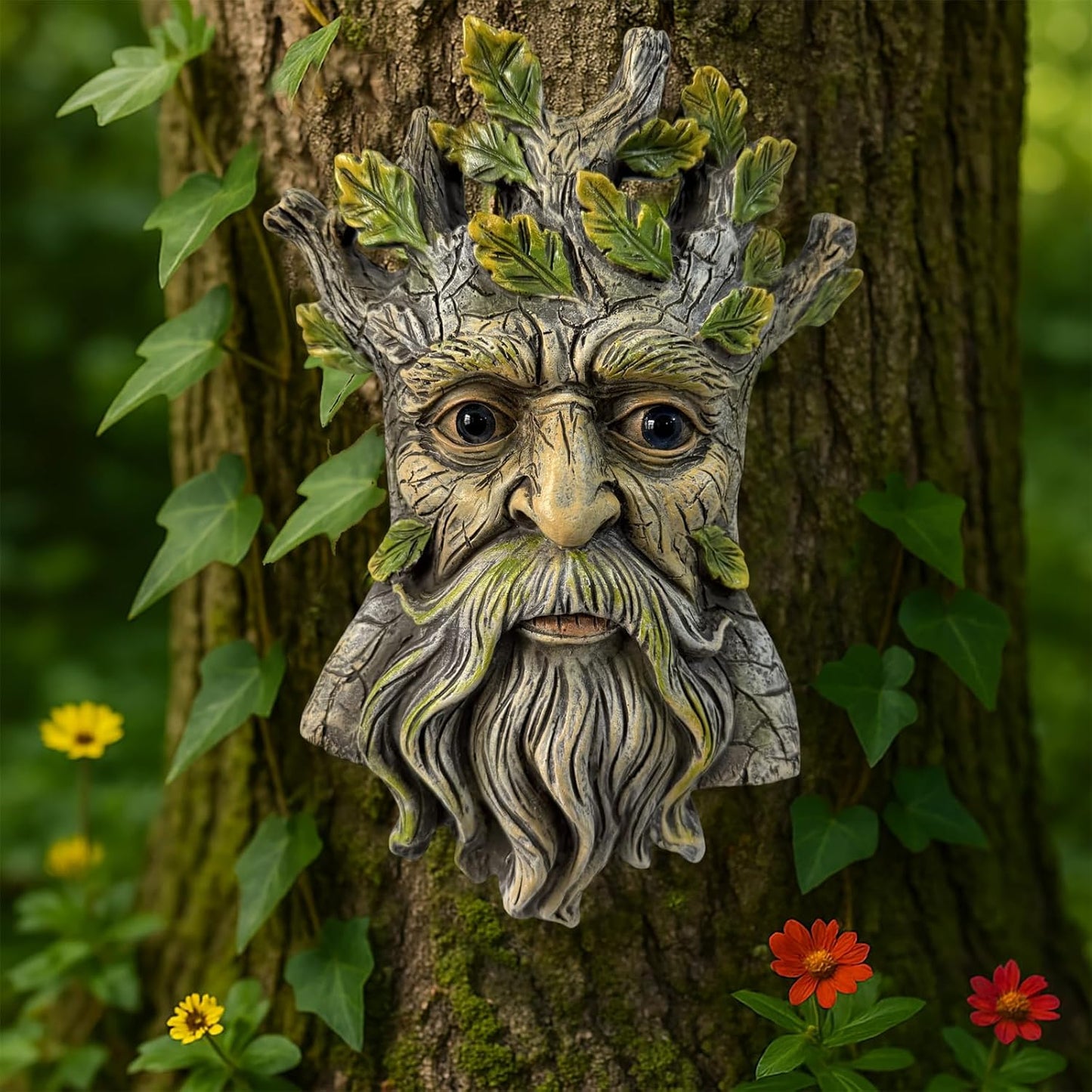 Blue Eye Leaf Tree Face Sculpture, Funny Blue Eye Leaf Old Man Tree Hugger Statue, Indoor & Outdoor Creative Props for Garden and Home,9" x 7" x 2.4"