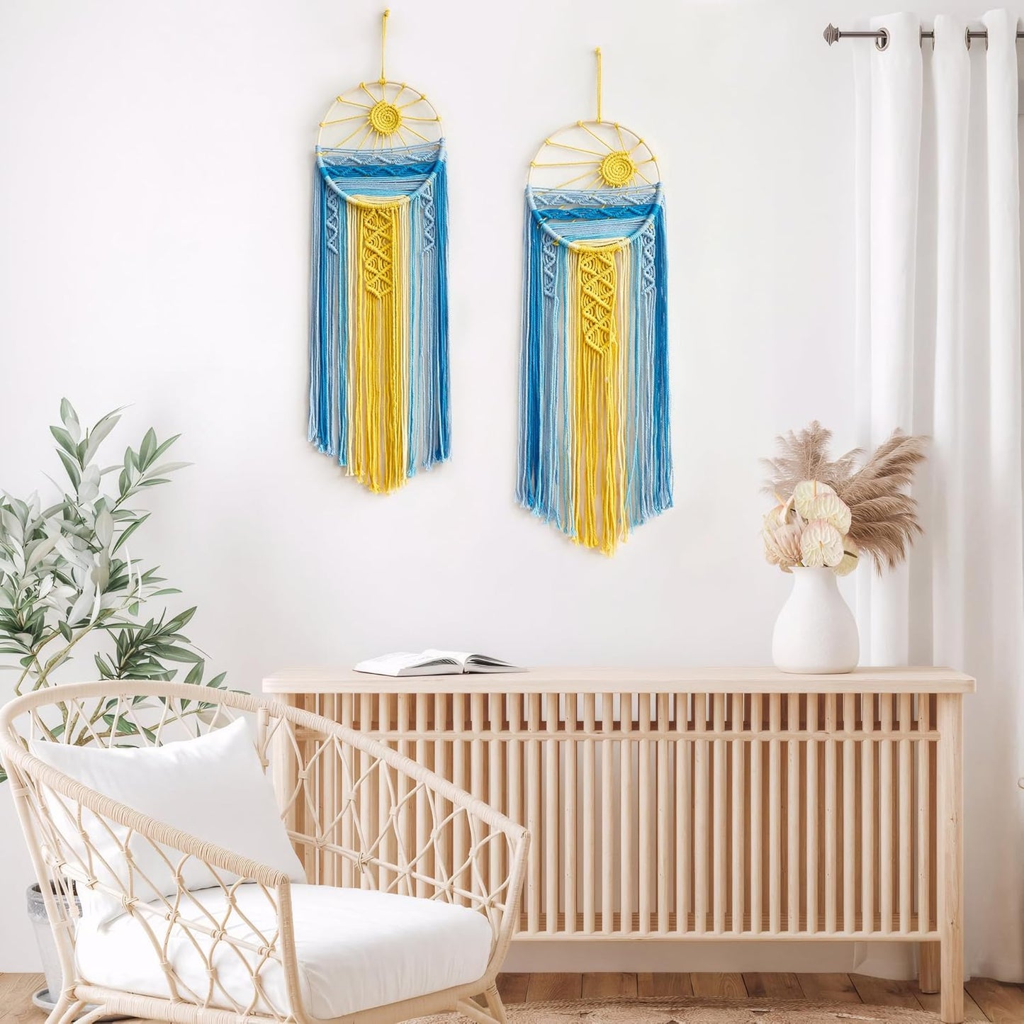 Mcrame Blue Sun Wall Decor Boho Hanging Tapestry Sunburst Wall Art, Rustic Woven Tapestries Big Dream Catcher Sunshine Decor for Bedroom Living Room Nursery (Blue Sunshine)