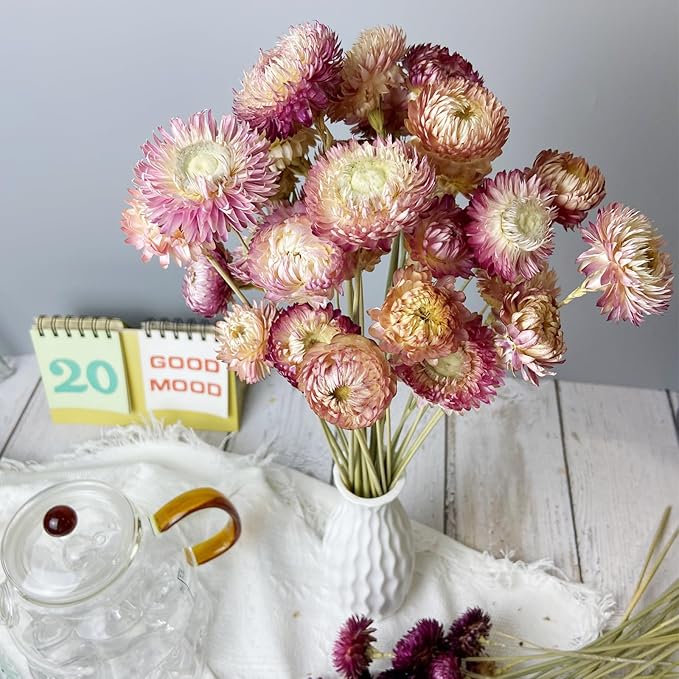 100% Natural Daisy Flowers, Dried Flower Bouquets-30Pcs Pink Daisies Chrysanthemums, 17 Inch Arrangements for Vase, Home Decoration Photo Props Parties and Weddings-Daisy Pink