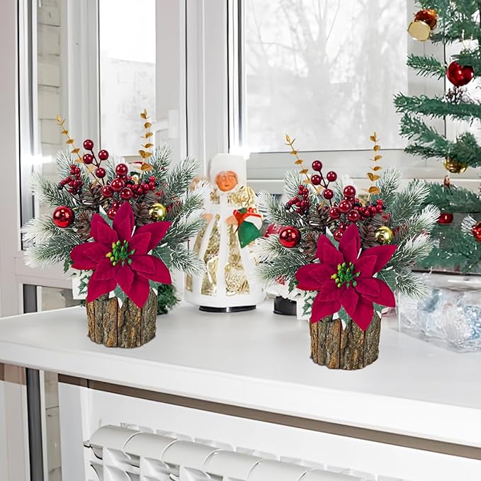 TORONTOKYO 2 Pack Small Christmas Tree Artificial Mini Tabletop Christmas Tree with Red Poinsettia Flower Berries Pine Cones Fake Potted Plant for Home Table Fireplace Mantel Indoor Xmas Decor