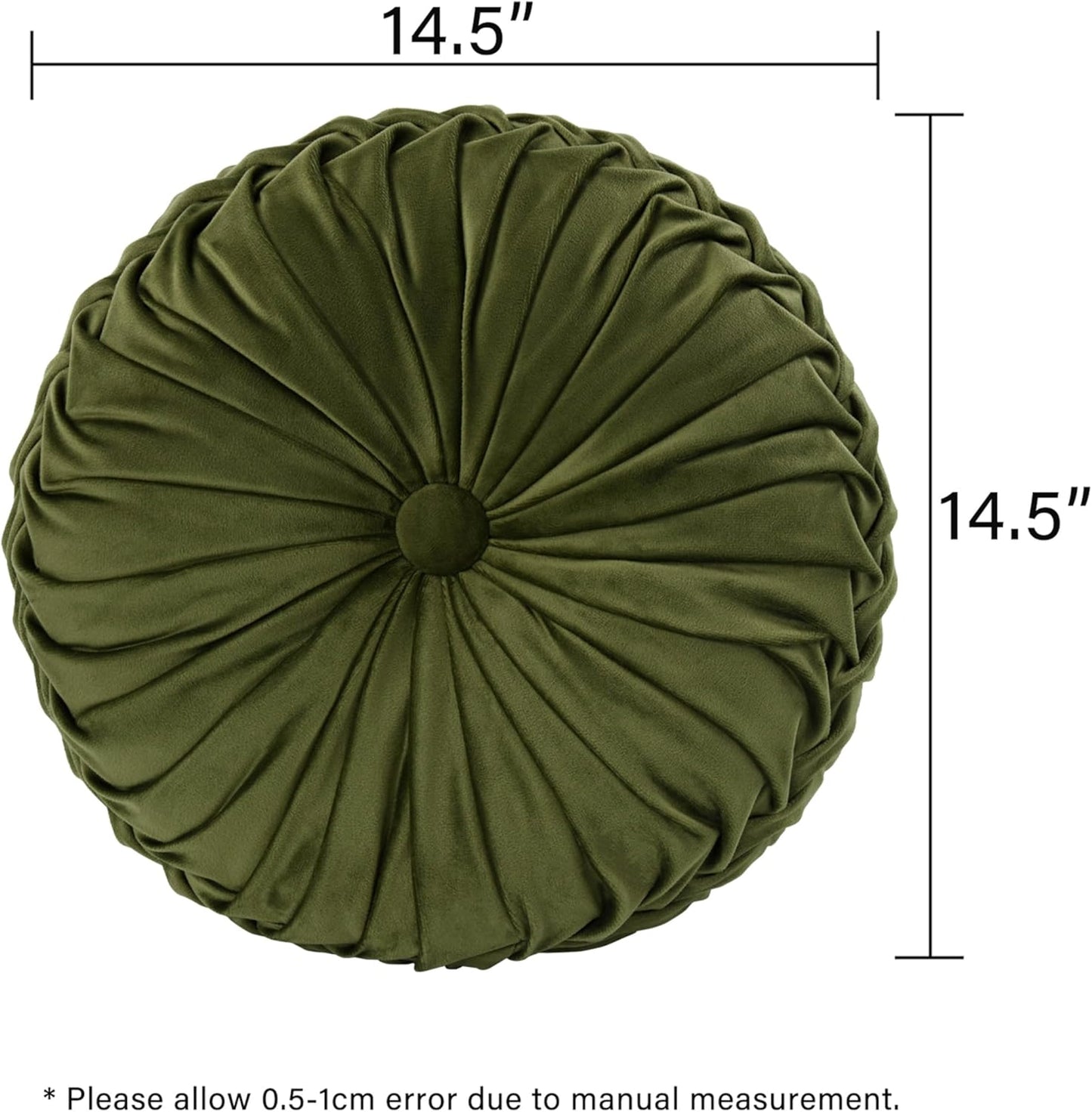 HIG Set of 2 Decorative Round Pleated Throw Pillows, Classy Accent Pumpkin Throw Pillows with Center Button, Vintage Velvet Floor Pillows for Sofa Couch Vanity Chair Bed, Olive, 14.5" Diameter(Ripple)